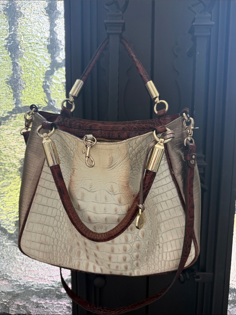Brahmin Croc-Embossed Shoulder Bag in Cream and Brown